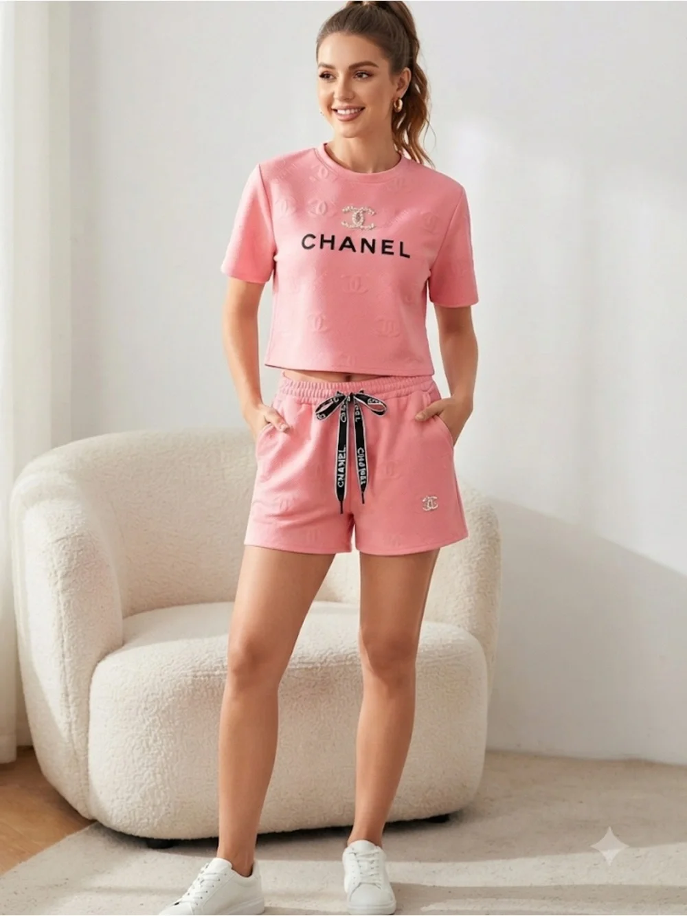 2 piece  Pink Pearl-Logo Embossed Lounge Set